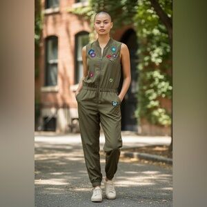Love Tree Olive Jumpsuit with Colorful Patches